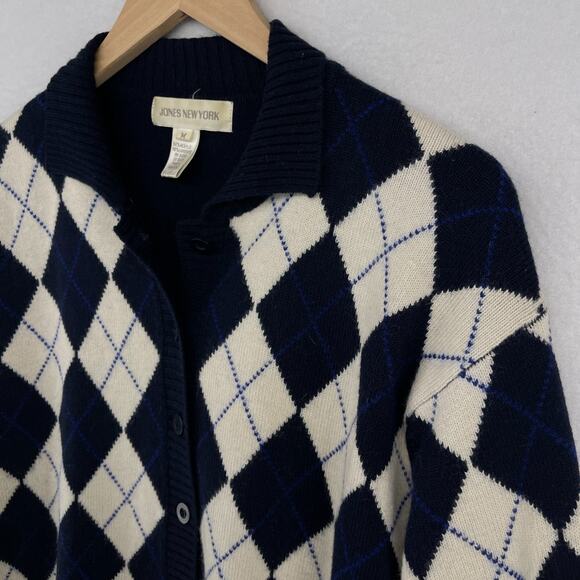 JONES NEW YORK Sweater M Argyle Lambswool Button Front Cardigan Blue HK VTG - Picture 4 of 15